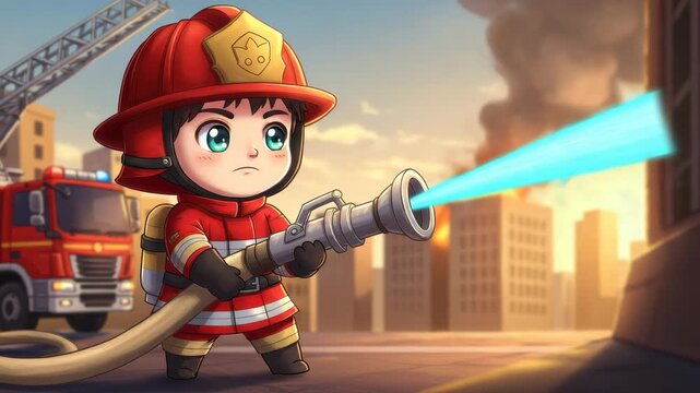 Young firefighter uses a hose to fight a big fire in a city as the sun sets, demonstrating bravery