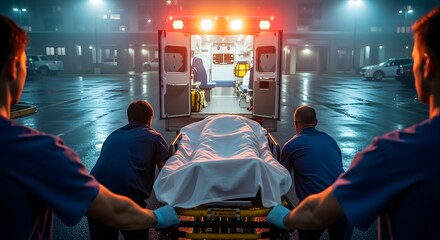 Paramedics transferring patient on stretcher to ambulance at night in emergency situation outside hospital