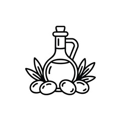 Olive Oil Bottle with Olives and Leaves Line Art Vector Illustration