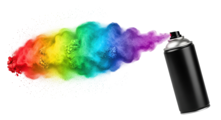 Isolated rainbow spray with black can creating a colorful cloud of pigment particles, no background