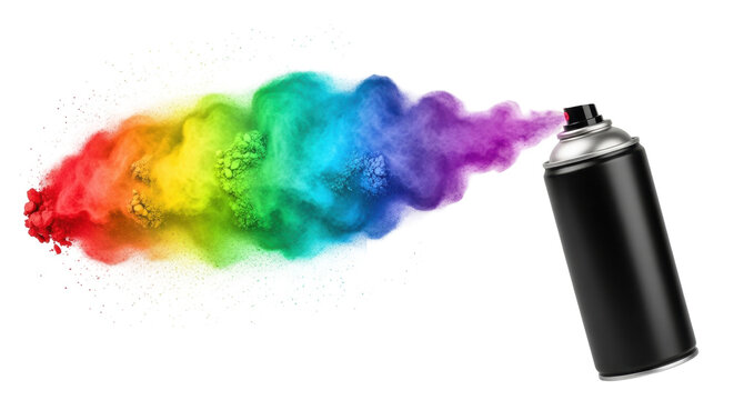 Isolated rainbow spray with black can creating a colorful cloud of pigment particles, no background