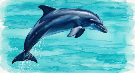 Fototapeta premium Watercolor painting of a playful dolphin leaping gracefully from the ocean waves in a charming