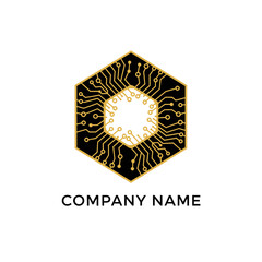 Hexagonal technology logo with golden circuit board pattern.