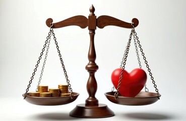 Balance scale holds golden coins and red heart. Concept of money versus love. Metaphor about value, relationship, finance. Scales show comparison of finance and feelings. Concept for family budget.