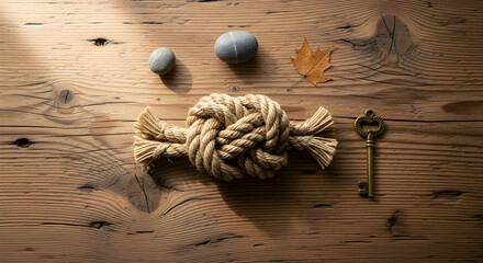 Nautical still life with thick rope and wood.
