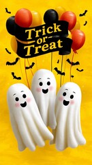 Three Cheerful Ghost Characters Holding Trick or Treat Banner with Colorful Balloons Against Bright Yellow Background