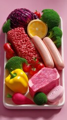 Stylized 3D Tray of Vegan Meat Alternatives and Fresh Vegetables on Pink Background