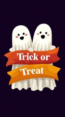 Two Friendly Ghost Characters Holding Trick or Treat Ribbon Banner in Playful Halloween Theme