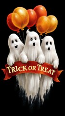 Three Whimsical Ghosts Holding Orange and Gold Balloons with Trick or Treat Banner