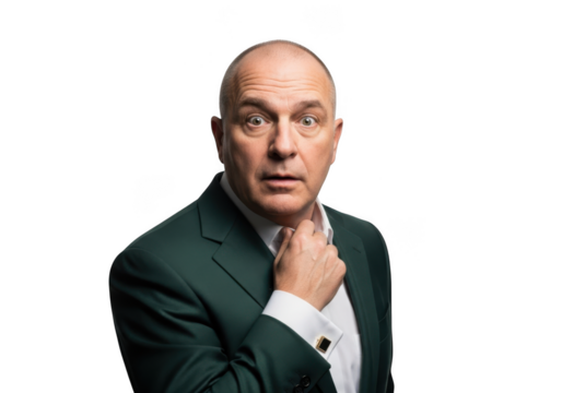 Confused bald man in green suit portrait stock photo with hand on chin questioning expression isolated on transparent background