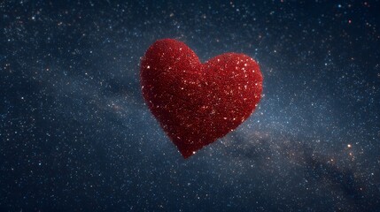 Obraz premium A radiant red heart, glittering with tiny specks of light, floats majestically against a backdrop of a deep, dark blue night sky filled with countless twinkling stars, creating a sense of wonder 