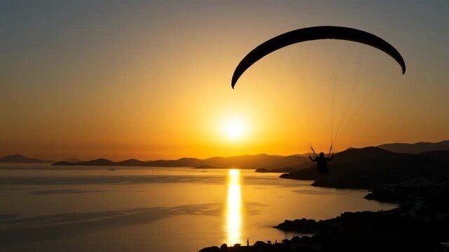 Paraglider flying at sunset over coastal landscape