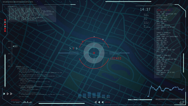 Spying digital interface. City map with streets and UI data to track target. Surveillance interface for monitoring spy or military target. Futuristic sci-fi radar for coordination and data analysis.