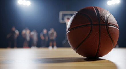 Naklejka premium Close-up of basketball on polished court with spotlights and blurred crowd, dramatic low angle sports atmosphere