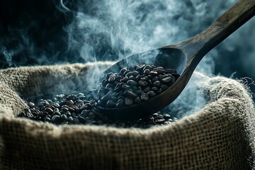 A dramatic close-up of a ladle full of roasted coffee beans rising from a rough burlap sack, smoky aroma visibly swirling, deep shadows enhancing the richness of the scene 