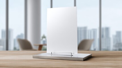 Fototapeta premium 3D Realistic table stand, table tent mockup with metal base and white paper acrylic. Blank card holder display information for menu label, restaurant, cafe, banner, picture stand.