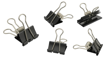 Collection of binder clips in various poses metal stationery and supplies isolated on transparent background