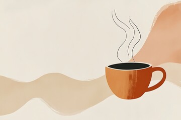 A flat vector illustration of a steaming coffee cup silhouette, simple and elegant, with gentle curved lines and subtle steam wisps rising, centered on a white background 