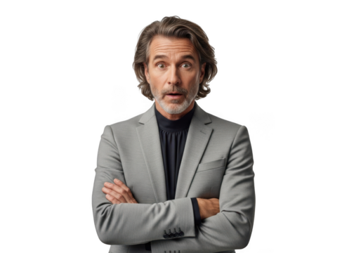 Shocked mature businessman with arms crossed in gray suit and turtleneck portrait photography isolated on transparent background