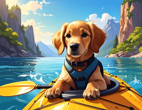 Golden retriever puppy in kayak