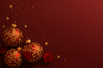 Festive Christmas background with three elegant red and gold baubles, roses and decorative stars on red backdrop. Luxury holiday composition with copy space.