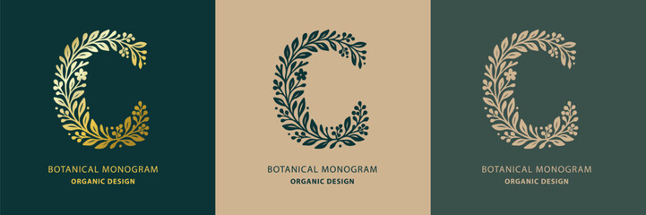 Stylish botanical monogram letter C with plant elements, perfect for wedding logos, organic branding, invitations, greeting cards, packaging and elegant modern stationery design.