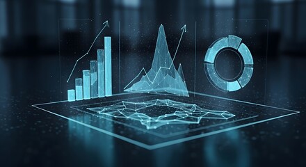 Futuristic digital interface displaying financial data, charts, and graphs with a dark background