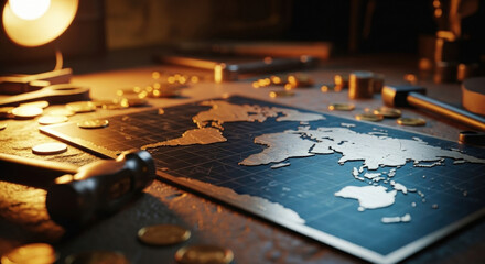 Metallic world map on textured workshop surface with hammer, coins and tools in warm ambient lighting, industrial craftsmanship