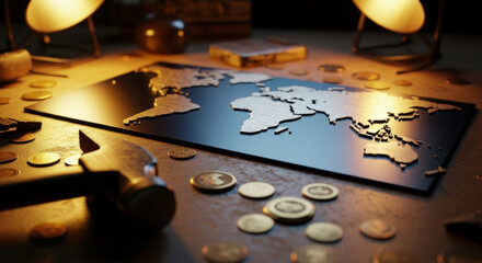 Metallic world map on textured workshop surface with hammer, coins and tools in warm ambient lighting, industrial craftsmanship