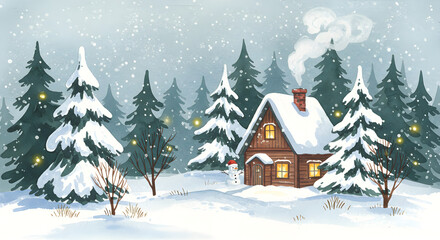 Cozy cottage in winter with snow-covered trees and falling snow  