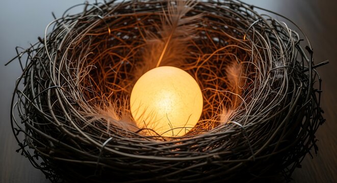 Single glowing light cradled in a nest of soft twigs, a symbol of protection and care