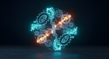 Abstract sphere of glowing circuits and gears, representing technology and innovation in a dark environment