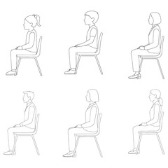 men and 
women and teenagers sitting on bench or chair business group in profile view