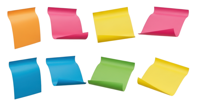 Colorful memo notes collection adhesive reminder paper isolated on transparent background