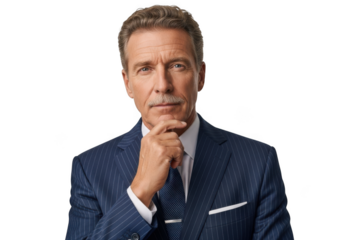 Professional businessman portrait in striped suit with hand on chin stock photo, headshot, isolated on transparent background