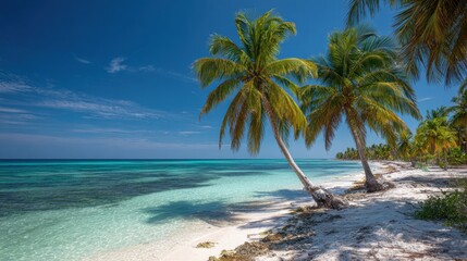 Fototapeta premium Soft white sand meets crystal clear turquoise water on a serene tropical beach. Palm trees sway gently in the light breeze, creating a peaceful atmosphere.
