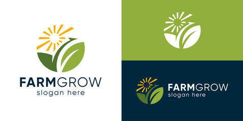 Creative simple farm grow logo template. Farmland with arrow logo design vector illustration.