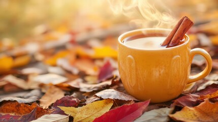 Autumnal beverage amidst fallen leaves.