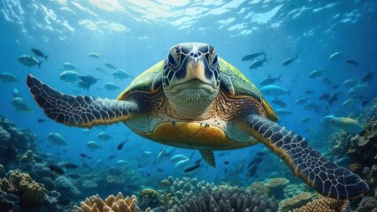 Obraz premium Majestic Sea Turtle Gliding Through Coral Reef Ecosystem Underwater.