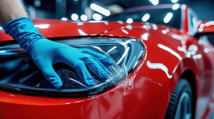Person in protective gloves applying protective  to a car headlight.