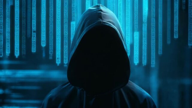 Mysterious hooded figure with hidden face in a dark setting, glowing digital codes behind, symbolizing cybercrime or hacking threat