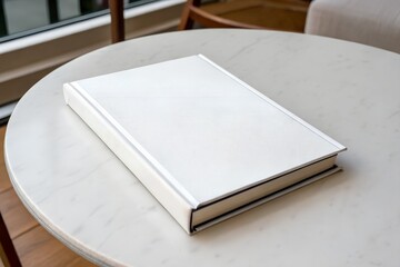 Fototapeta premium Elegant White Book on Round Marble Table Top in Natural Light