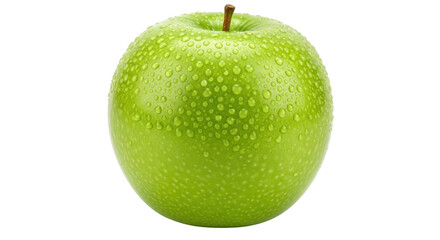Isolated fresh green apple with water drops, healthy fruit, nutritious natural food item