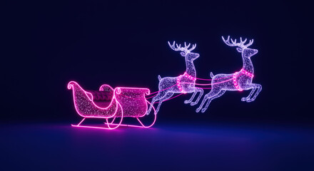 Glowing neon sleigh pulled by luminous reindeer with sparkling antlers against dark blue background, festive holiday scene