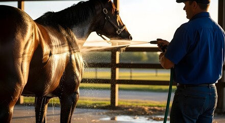 Man washing a brown horse with a hose in a stable on a sunny day with water spraying around it nicely