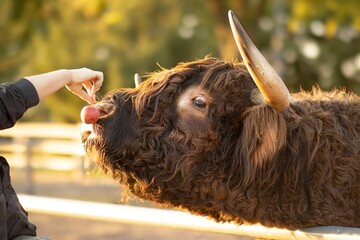 Highland cow with long horns is being fed an apple by a person, showcasing a gentle interaction between human and animal in a serene farm setting
