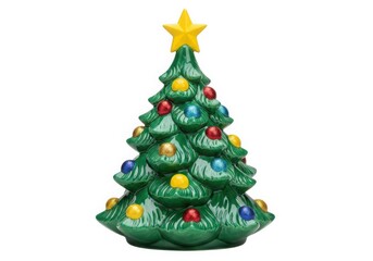 Fototapeta premium Vintage ceramic christmas tree with star and colorful ornaments for holiday decor isolated on white background