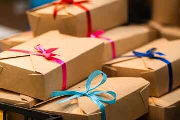 Brown gift boxes with colorful ribbons in various shades stacked together, showcasing a festive atmosphere and perfect for celebrations or special occasions