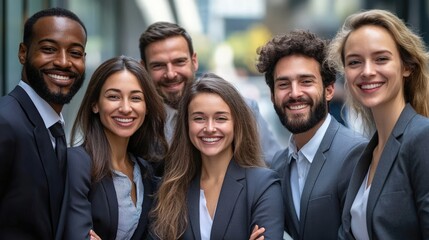 Fototapeta premium A diverse team of professionals in business attire smiling and looking at the camera, symbolizing teamwork and corporate success.