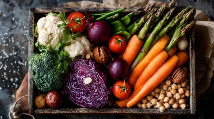 A rustic wooden crate displays a vibrant assortment of fresh vegetables, including cauliflower, broccoli, carrots, asparagus, tomatoes, purple cabbage, red onion, chickpeas, and walnuts